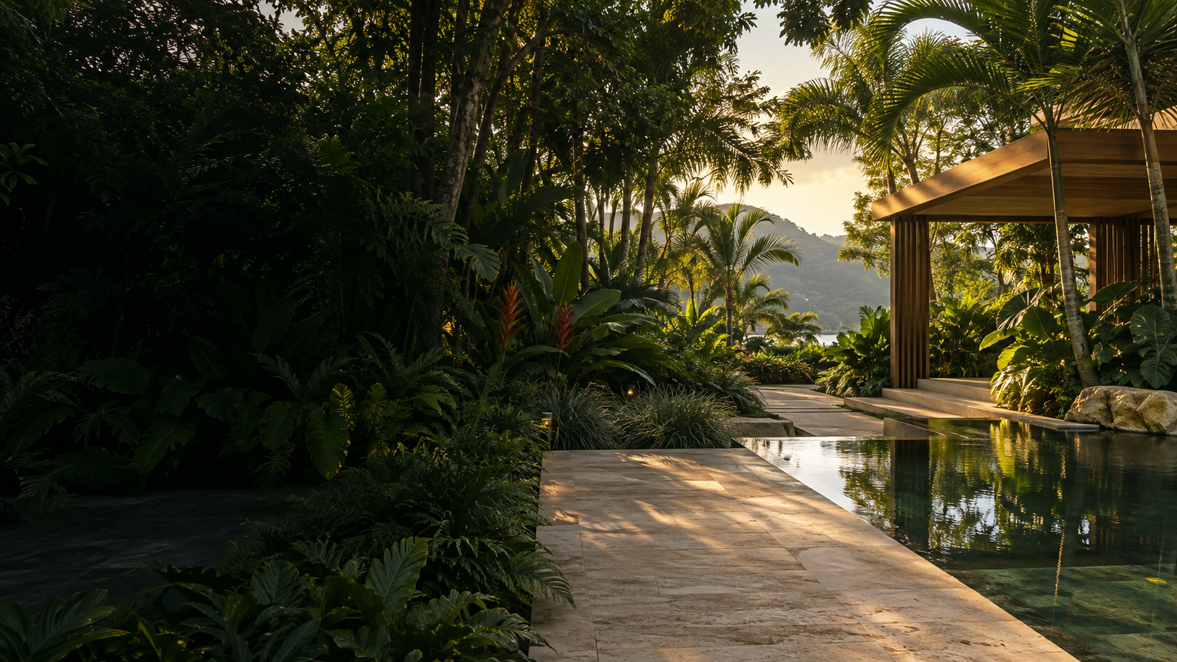 Jardim tropical amplo com pergolado de madeira, água e vegetação exuberante