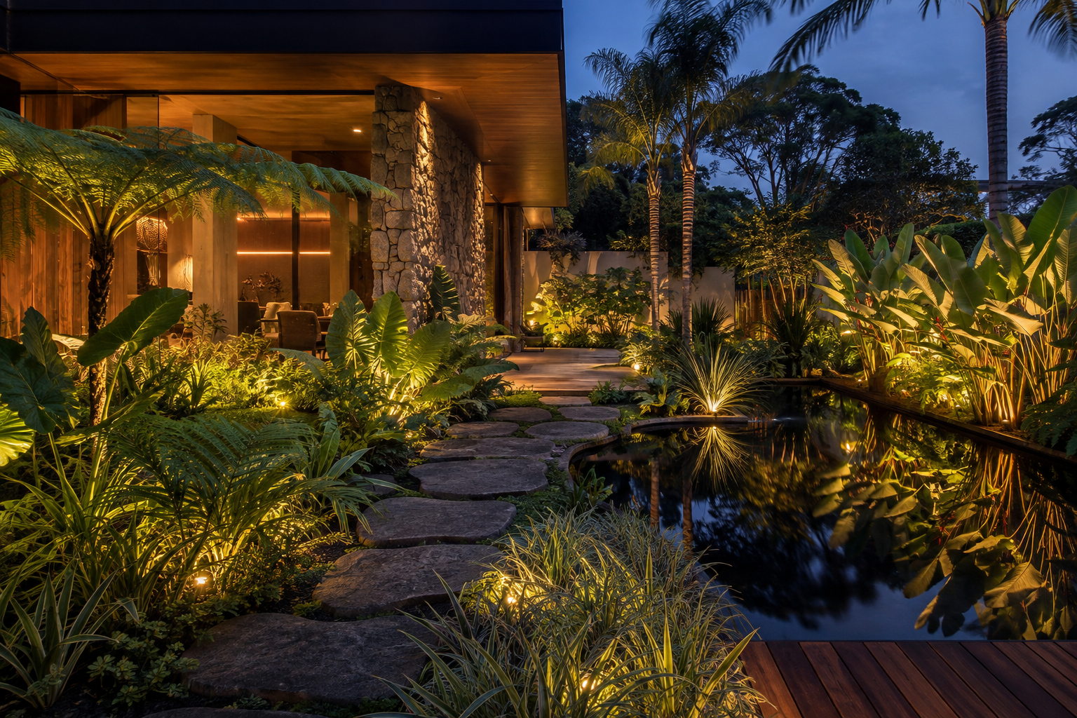 Jardim tropical contemporâneo com piscina, pedra natural e vegetação exuberante