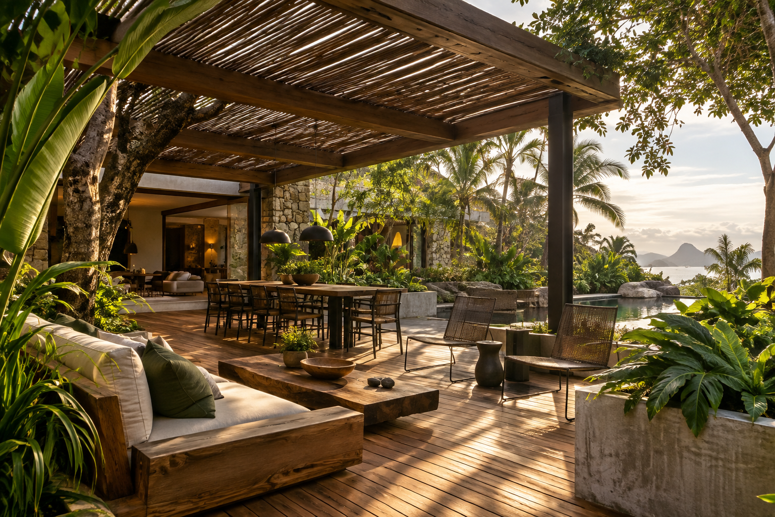 Deck de madeira com pergolado rústico, vasos de concreto e móveis de ferro em jardim tropical